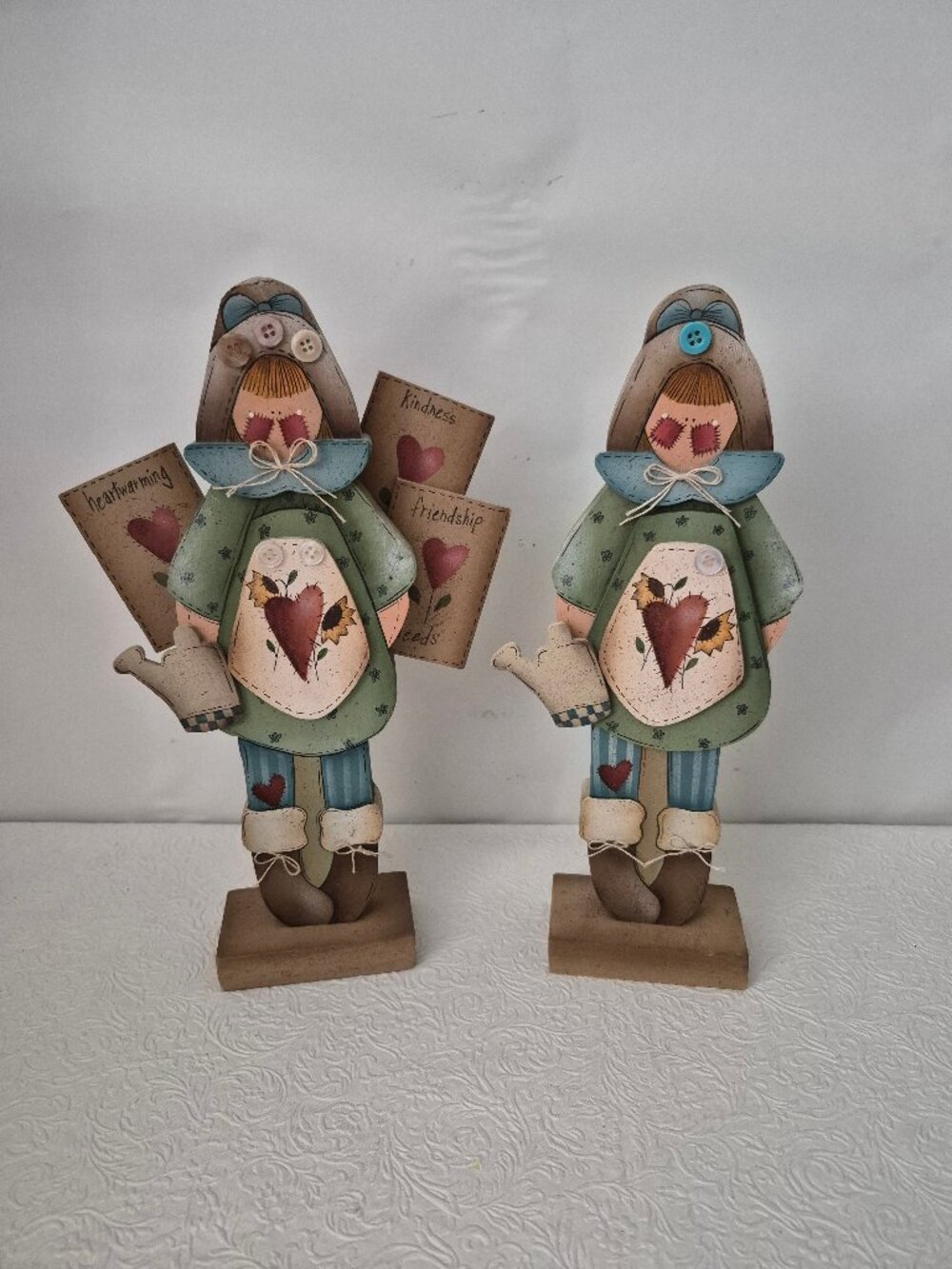 Vtg Original Artist Signed Handcrafted Wooden Folk Art Patch Gardener Dolls